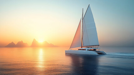Fototapeta premium Catamaran Sailing at Sunset with Mountains and Reflective Water
