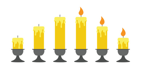 Collection of Lit and Unlit Candles in Various Shapes on Candlesticks, Isolated on Transparent Background.
