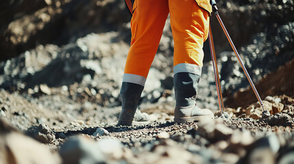 Obraz premium Surveyor marking land boundaries at a mining site using GPS tools to map out excavation zones. Featuring surveying and mapping