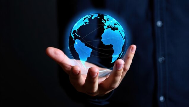 mão segurando um globo de forma digital, significando um mundo na palma das mãos