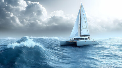 Fototapeta premium Catamaran sailing through choppy blue ocean under a cloudy sky