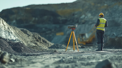 Surveyor marking the layout for excavation work in a mining area. Featuring precision and planning