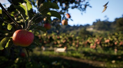 Fototapeta premium Ripe apple orchard, sunny day, birds in flight, mountain background
