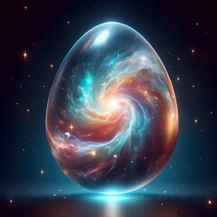 Cosmic Easter Egg with Swirling Galaxy and Stars Amidst Nebula Clouds
