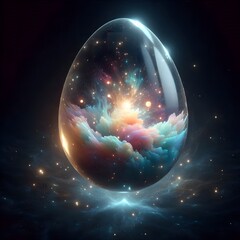 Cosmic Easter Egg with Swirling Galaxy and Stars Amidst Nebula Clouds