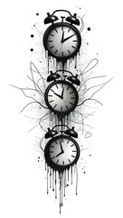 An abstract visualization of time pressure using melting clocks and tangled lines. Contrasting sharp geometric shapes and flowing drips express the stress of tight deadlines on a solid white backgroun