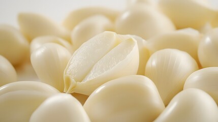 Close-up shot of fresh garlic cloves, one split open to reveal its inner texture.  Creamy white bulbs create a visually appealing food background.