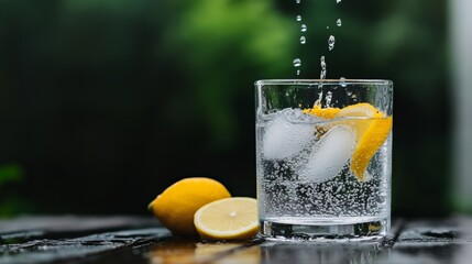 A refreshing glass of ice water with lemon slices, condensation forming on the glass,