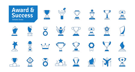Award and Success Blue Line Icons Set. Achievement, Sport, Trophy, Medal, Champion, Winner, Leadership, Competition Icons. Editable Stroke Vector Illustration.