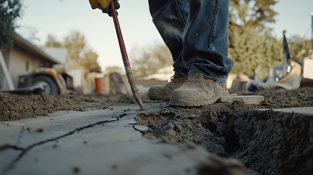 A construction worker repairing a cracked concrete foundation at a residential site. Featuring expertise and restoration