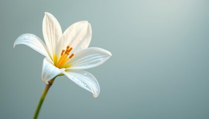 Fragile white flower with dew drops on petals in springtime with light gray background, plant, fragile