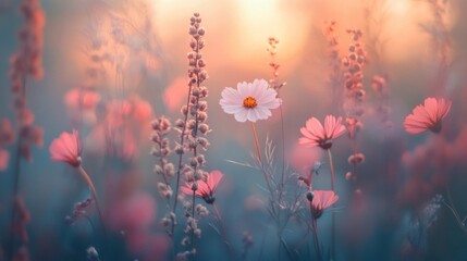 Pink Cosmos Flowers in a Soft Sunset Light