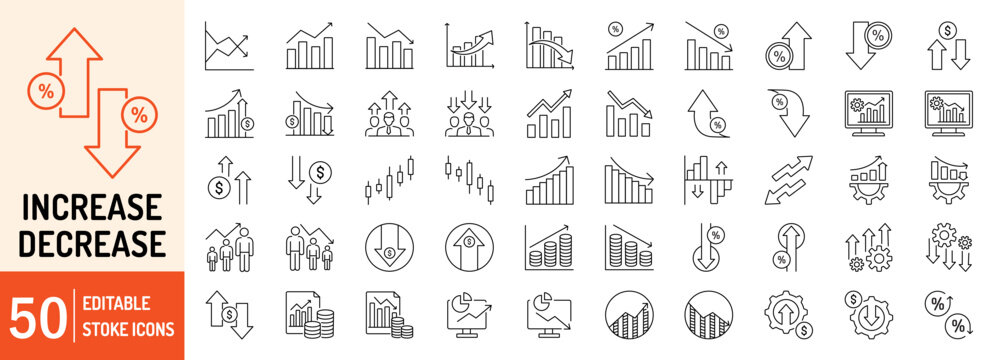Increase and Decrease editable stroke outline web icons set. Increase, decrease, business growth, profit, finance, fall, up, down, graph, statistics, market, economy and more... Vector illustration