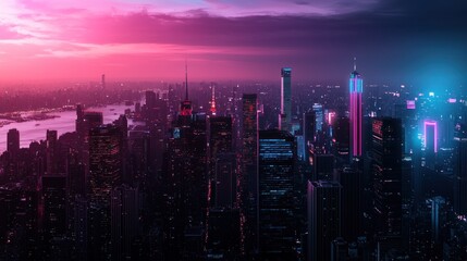 Obraz premium Aerial view of a vibrant, neon-lit city skyline at sunset