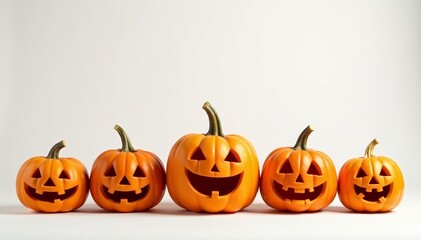 Funny group of Halloween pumpkins in various sizes and styles on white backdrop, holiday, Jack-o-lanterns