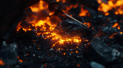 A blacksmith forging a piece of metal in the forge. Featuring hot coals and precision hammering