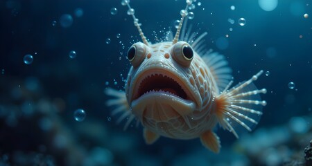 Fototapeta premium Close-Up of a Bulging-Eyed Deep-Sea Fish with Floating Bubbles in the Ocean