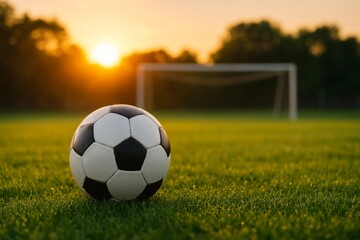 Fototapeta premium Soccer Ball on Green Field at Sunset Scene