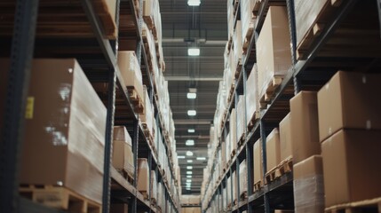 Obraz premium Warehouse worker picking products from high shelves. Featuring efficiency and coordination