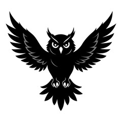 Black Silhouette of an owl in mid-flight with outstretched wings isolated on transparent background