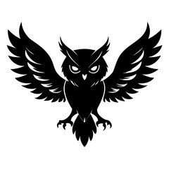 Black Silhouette of an owl in mid-flight with outstretched wings isolated on transparent background