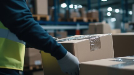 Warehouse worker preparing items for shipment by sorting and packaging. Featuring organization and precision