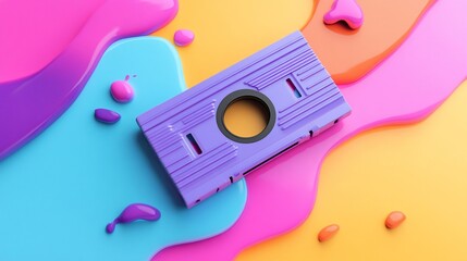 Fototapeta premium Purple VHS tape on vibrant paint splatter background