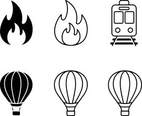 Transportation And Travel Icons Featuring Flame Train And Hot Air Balloon