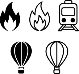 Simple Icons Representing Fire Train And Hot Air Balloon Travel Concepts