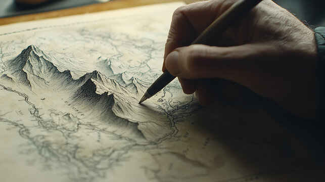 A cartographer sketching a detailed map by hand. Featuring delicate line work and old-world charm