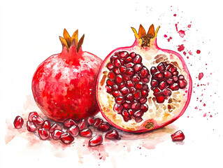Watercolor Illustration of Pomegranate Fruit with Red Seeds