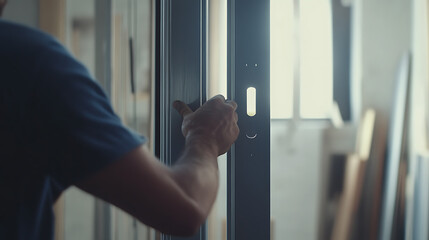 Obraz premium A construction worker securing a door frame into place at a building site. Featuring precision and expertise