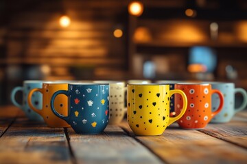 Colorful ceramic mugs arranged on a rustic wooden table in a cozy cafe setting