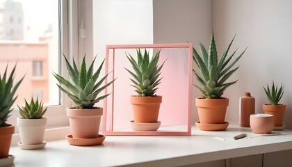 Obraz premium Pink frame mockup with workspace accessories and a aloe vera on a white table.Portrait orientation.