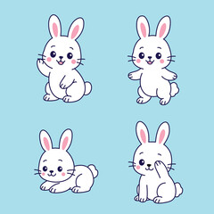 Set of Cute White Bunnies in Various Poses on Light Blue Background - Flat Cartoon Illustration.eps
