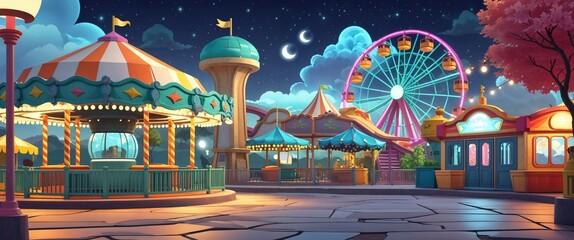 colorful amusement park night scene 3d render scene video game concept background illustration digital artwork
