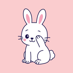 Relaxed White Bunny with Closed Eyes on Pink Background - Flat Cartoon Illustration.eps