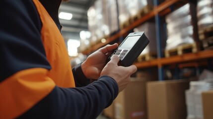 Warehouse worker scanning barcodes to track inventory. Featuring technology and efficiency