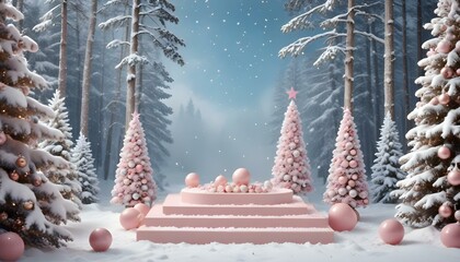 Podium with New Year's decor, with pink balls, confetti and garlands. Christmas scene for showcasing cosmetic products. Podium for product demonstration on a white festive background.