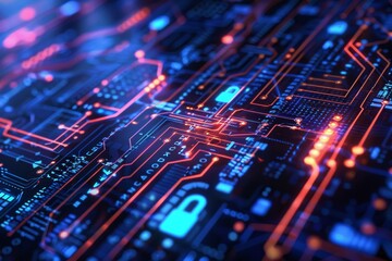 Obraz premium A futuristic depiction of cyber security, featuring a digital interface with glowing orange and blue lights, A futuristic interpretation of cyber security
