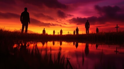 Fototapeta premium Silhouettes of people at sunset cemetery
