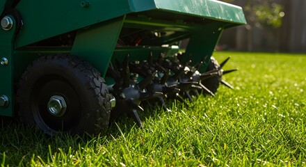 Obraz premium Garden roller aerator perforating grass turf for improved drainage and root growth, Lawn aerator machine, close-up view, sharp metal spikes, lush green grass, sunlit lawn, garden maintenance