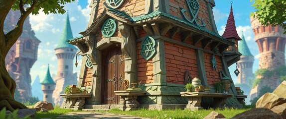 old wizard tower with arcane symbols 3d render scene video game concept background illustration digital artwork