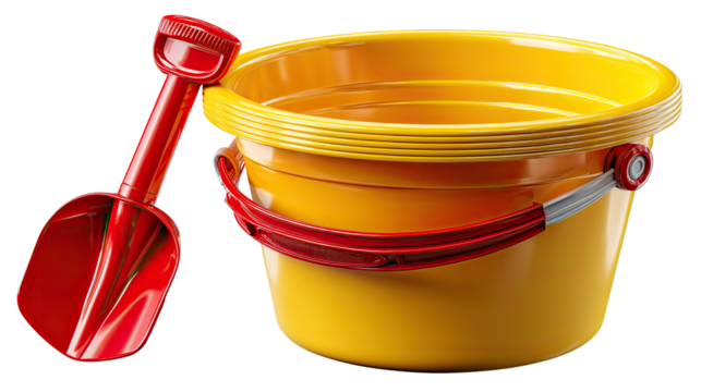 Beach Toys: A cheerful yellow bucket and vibrant red shovel, essential beach playthings, evoke sunny seaside adventures and childhood delight.