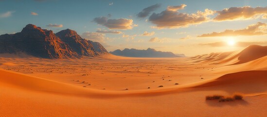 Naklejka premium Majestic Desert Sunset: A Panorama of Arabian Sands and Mountains
