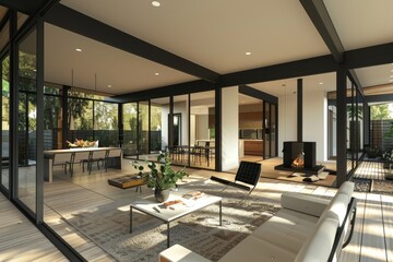 Fototapeta premium A modern living space with large windows, a fireplace, and sleek furnishings, Render a modernist masterpiece with clean lines, glass walls, and an open floor plan