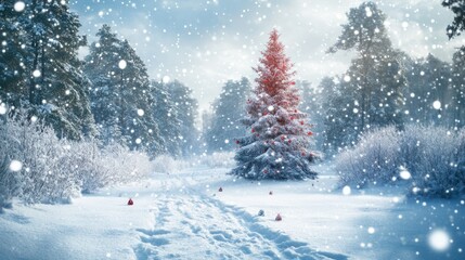 Naklejka premium winter wonderland scene showcasing a majestic christmas tree laden with ornaments amidst a forest blanketed in pristine snow during a gentle snowfall