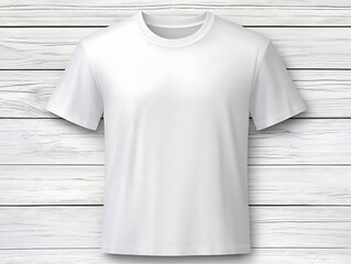 A simple white blank t shirt displayed on a wooden surface