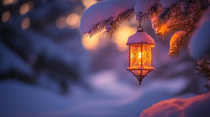 Obraz premium A rustic lantern dangles gracefully from a snow-laden tree branch, its warm glow illuminating the surrounding white landscape, creating a serene winter wonderland ambiance.