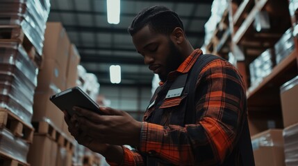 Warehouse worker scanning items to update inventory. Featuring organization and technology